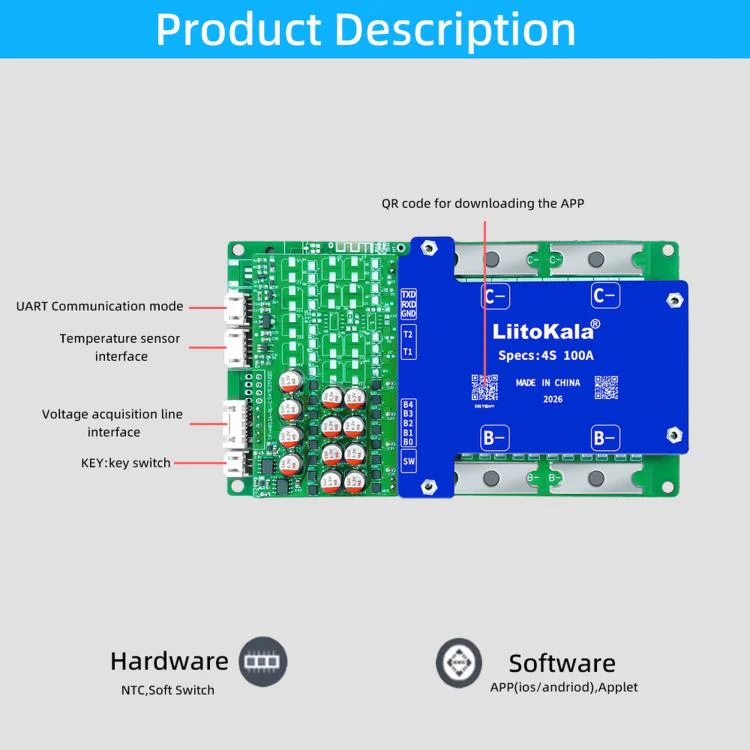 LiitoKala 4-channel Lithium Iron Phosphate Same-port Protection Board with Balanced Temperature Control Bluetooth BMS Support(4S-12V 100A) - Image 5