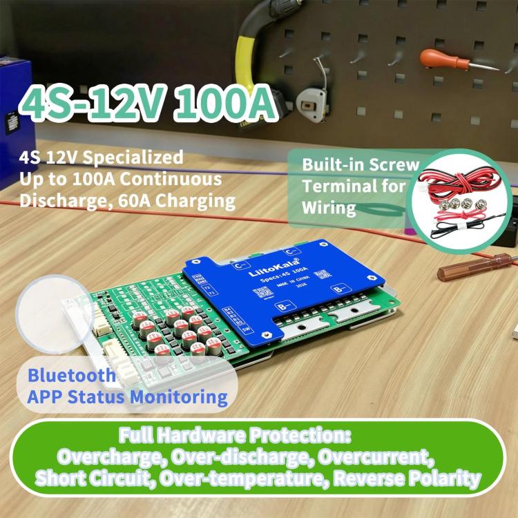 LiitoKala 4-channel Lithium Iron Phosphate Same-port Protection Board with Balanced Temperature Control Bluetooth BMS Support(4S-12V 100A) - Image 6