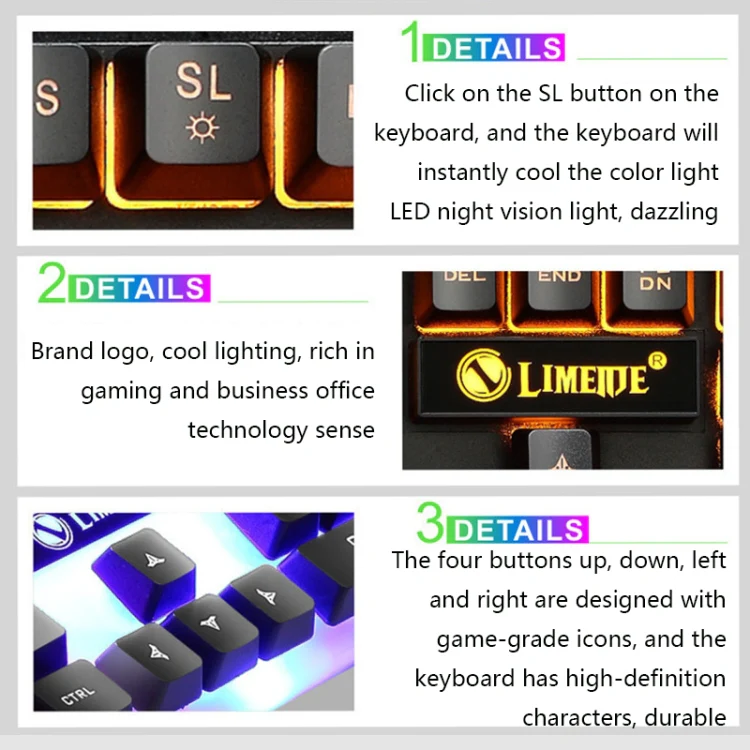 LIMEIDE GTX300 1600DPI 104 Keys USB Rainbow Suspended Backlight Wired Luminous Keyboard and Mouse Set, Cable Length: 1.4m(Black) - Image 7