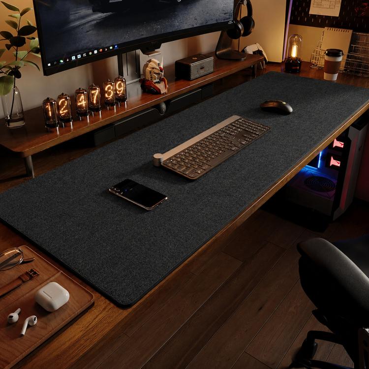 Linen Desk Pad Non Slip Rubber Keyboard Mouse Mat for Home Office Desktop Protector Stitched Edges, Size: 250x300x4mm(Black Grey)