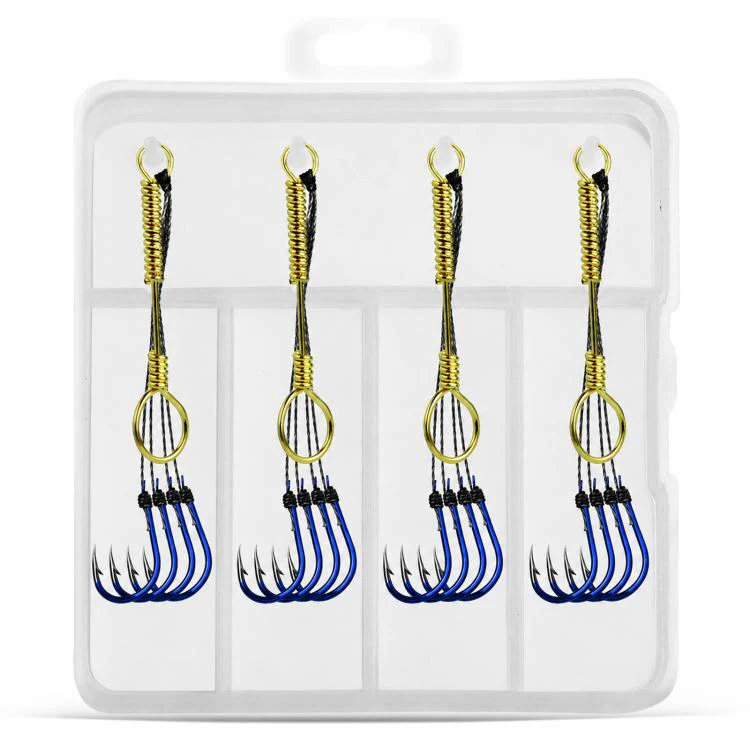 LINNHUE 4pcs /Box Carp Fishing Hooks Hand Tied High Carbon Steel Chinu Hooks With Bait Spring, Spec: No. 2.0(Blue)