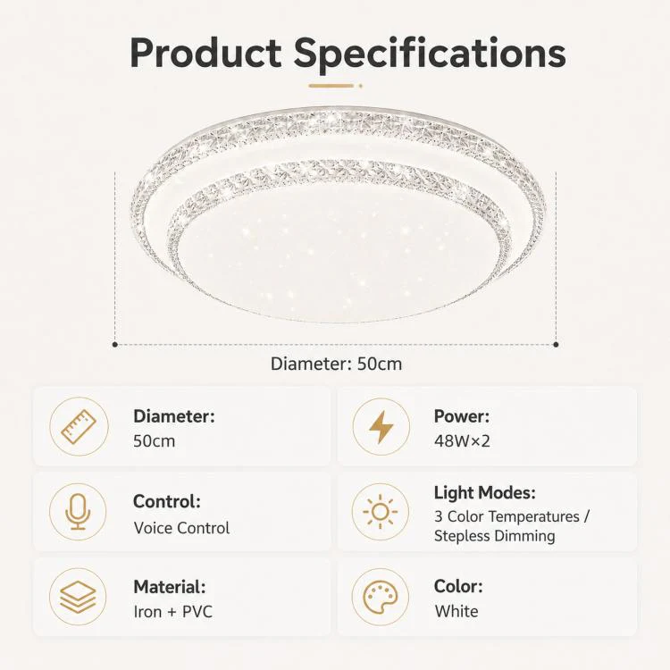 Living Room Main Light Home Eye-protecting Bedroom Chandelier(50cm Voice Control 48W x 2) - Image 2