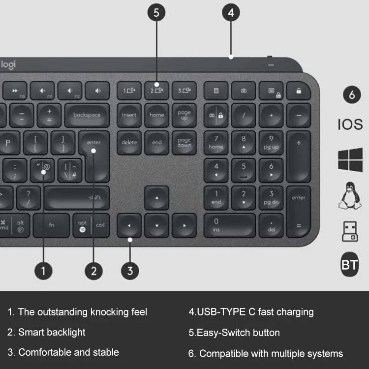 Logitech MX Keys Wireless Bluetooth Silent Keyboard (Black) - Image 3