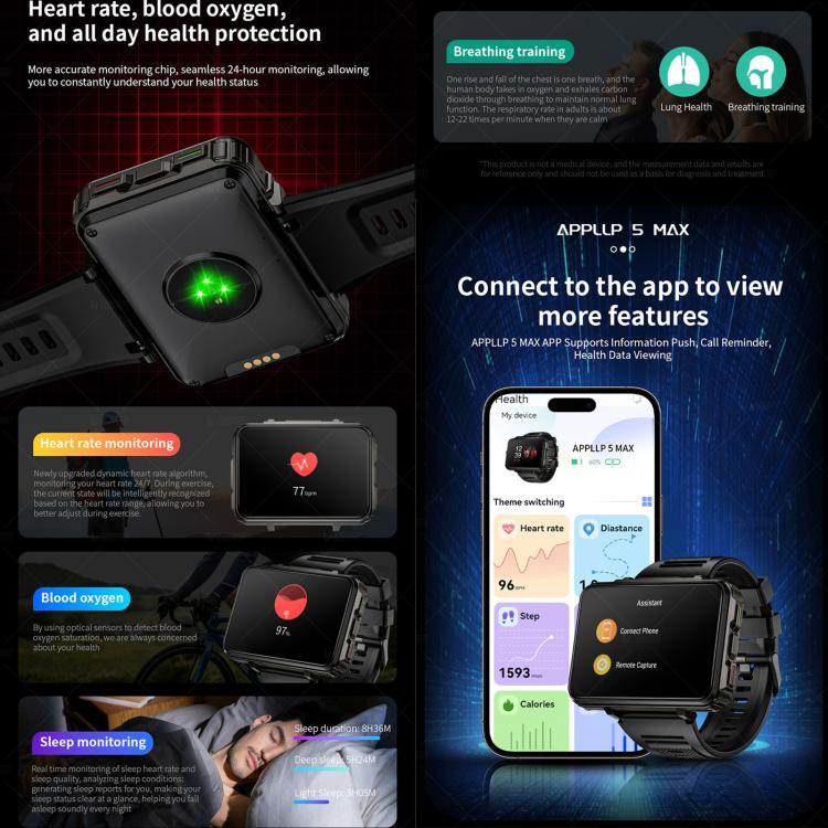 LOKMAT APPLLP 5 Max 4G Smart Watch, 4GB+64GB, 2.4 inch MT6762 + PAR2822 Octa Core, Android 10.7, Heart Rate, Video Call(Black) - Image 11