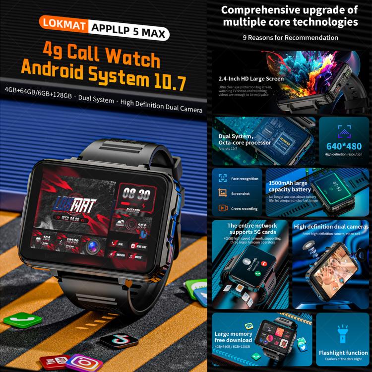 LOKMAT APPLLP 5 Max 4G Smart Watch, 4GB+64GB, 2.4 inch MT6762 + PAR2822 Octa Core, Android 10.7, Heart Rate, Video Call(Black) - Image 4
