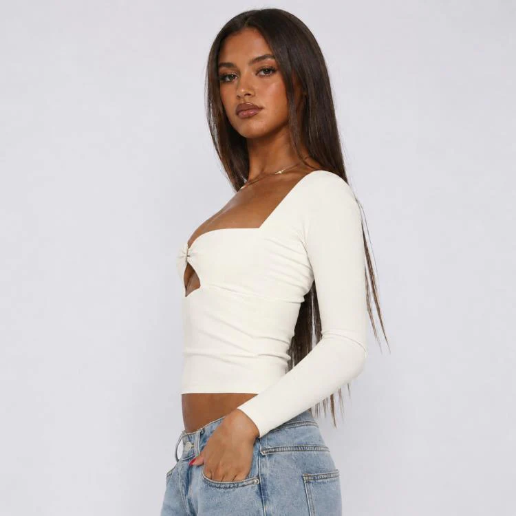 Long Sleeve Sexy Y2K Form-Fitting Slim Knitted T-shirt Top, Size:M(Creamy Apricot) - Image 2