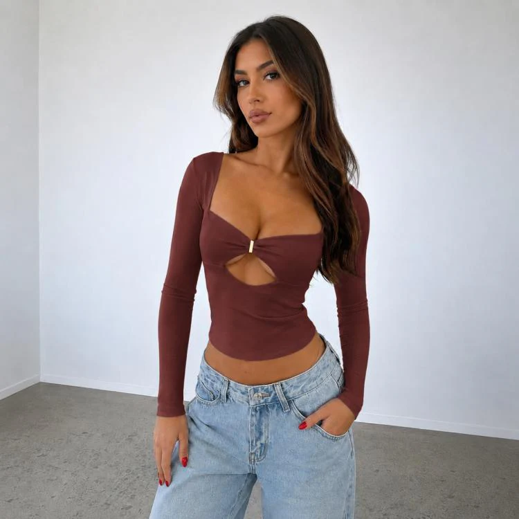 Long Sleeve Sexy Y2K Form-Fitting Slim Knitted T-shirt Top, Size:M(Wine Red)