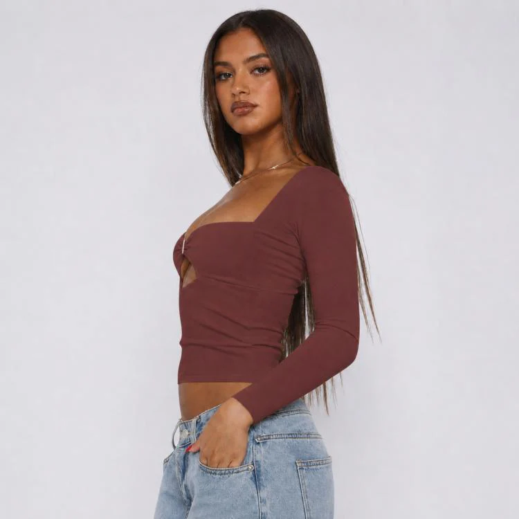 Long Sleeve Sexy Y2K Form-Fitting Slim Knitted T-shirt Top, Size:M(Wine Red) - Image 2