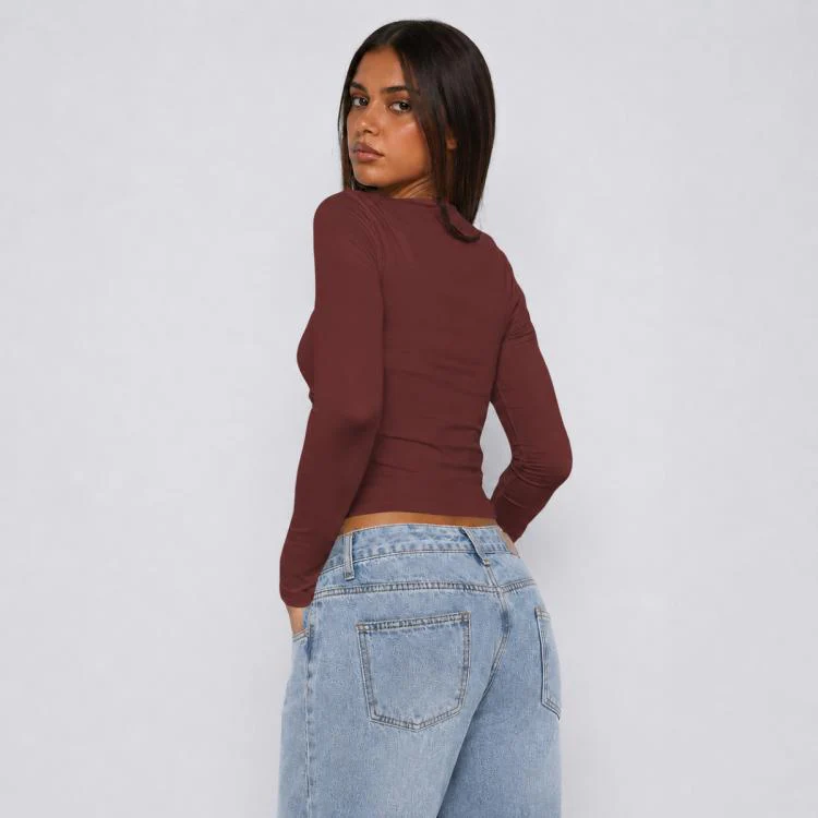 Long Sleeve Sexy Y2K Form-Fitting Slim Knitted T-shirt Top, Size:M(Wine Red) - Image 3