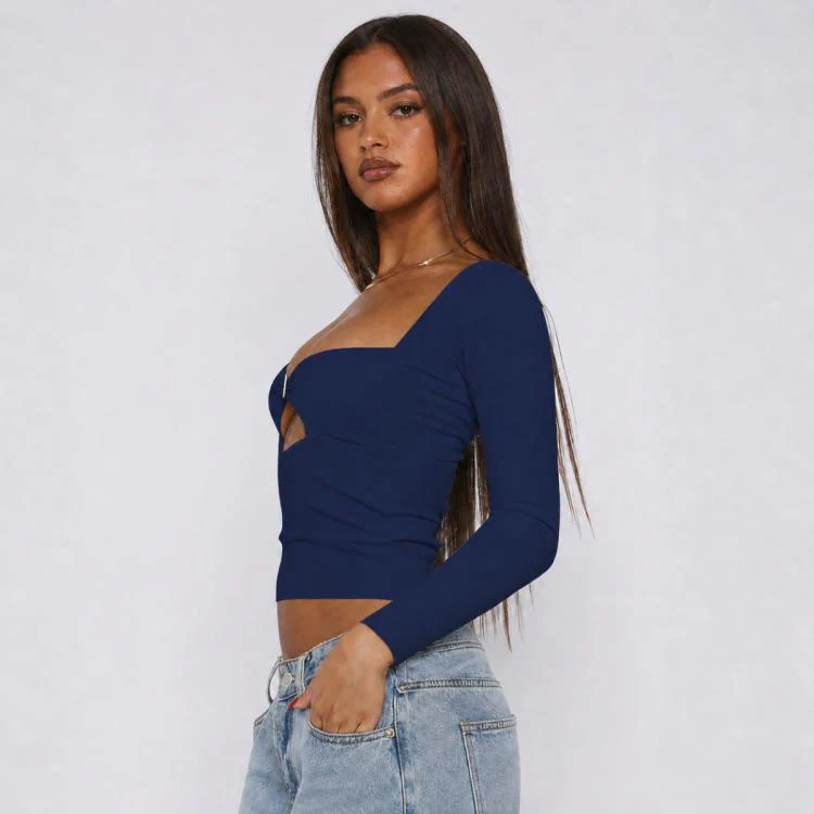 Long Sleeve Sexy Y2K Form-Fitting Slim Knitted T-shirt Top, Size:S(Navy Blue) - Image 2
