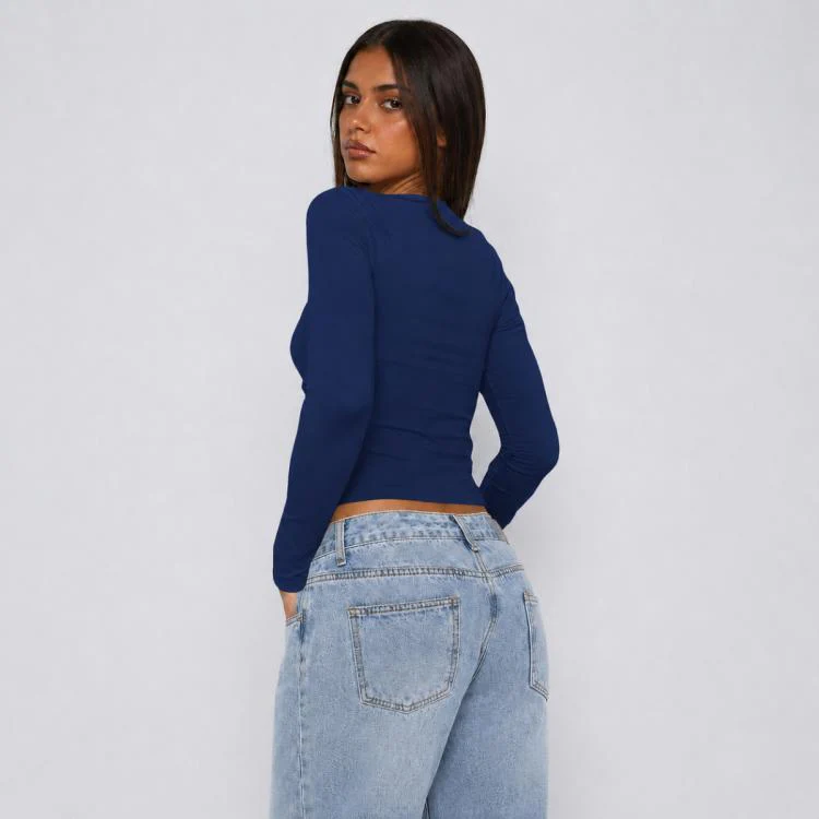 Long Sleeve Sexy Y2K Form-Fitting Slim Knitted T-shirt Top, Size:S(Navy Blue) - Image 3