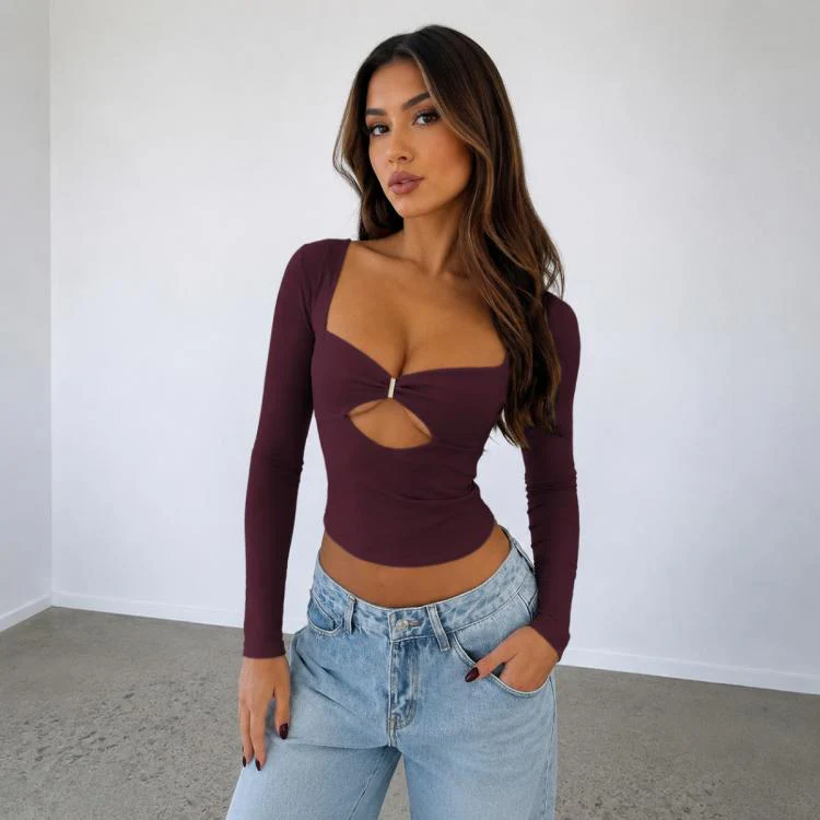 Long Sleeve Sexy Y2K Form-Fitting Slim Knitted T-shirt Top, Size:S(Purple Red)
