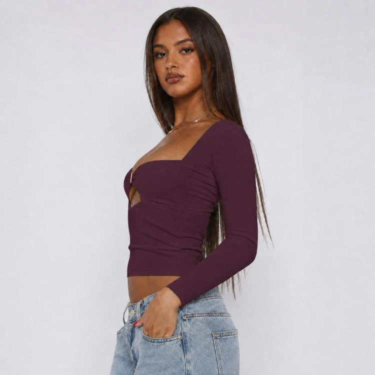Long Sleeve Sexy Y2K Form-Fitting Slim Knitted T-shirt Top, Size:S(Purple Red) - Image 2
