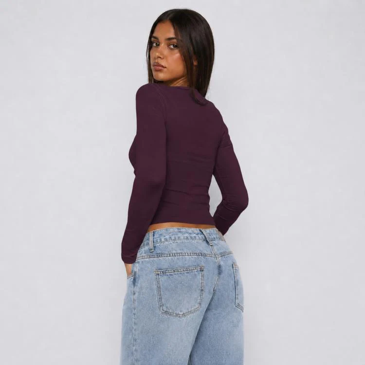 Long Sleeve Sexy Y2K Form-Fitting Slim Knitted T-shirt Top, Size:S(Purple Red) - Image 3