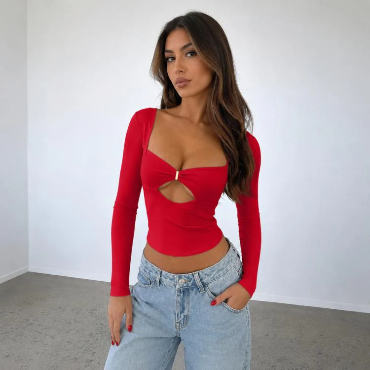 Long Sleeve Sexy Y2K Form-Fitting Slim Knitted T-shirt Top, Size:S(Red)