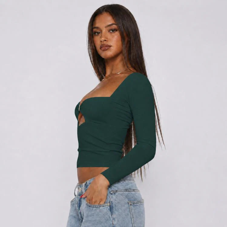 Long Sleeve Sexy Y2K Form-Fitting Slim Knitted T-shirt Top, Size:XL(Dark Green) - Image 2
