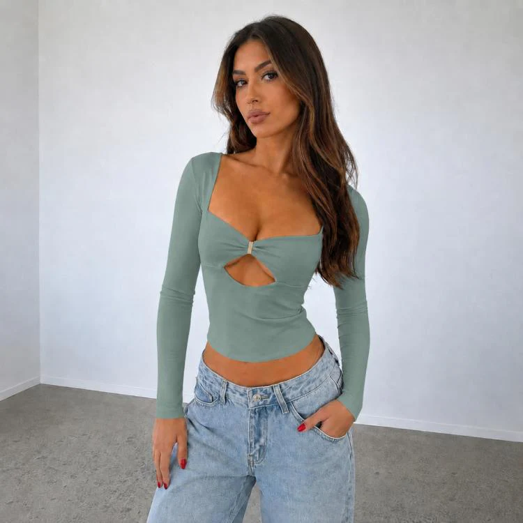 Long Sleeve Sexy Y2K Form-Fitting Slim Knitted T-shirt Top, Size:XL(Grey Green)