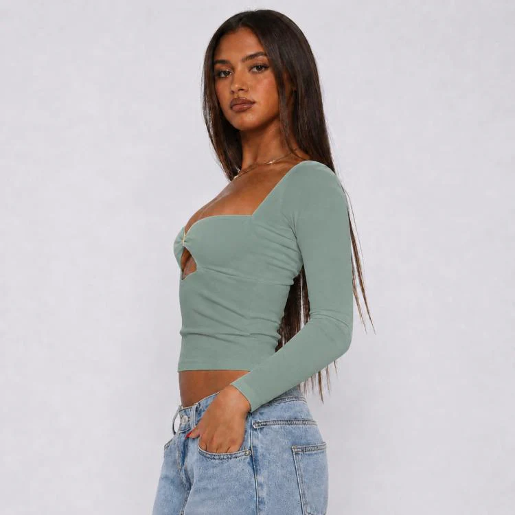 Long Sleeve Sexy Y2K Form-Fitting Slim Knitted T-shirt Top, Size:XL(Grey Green) - Image 2