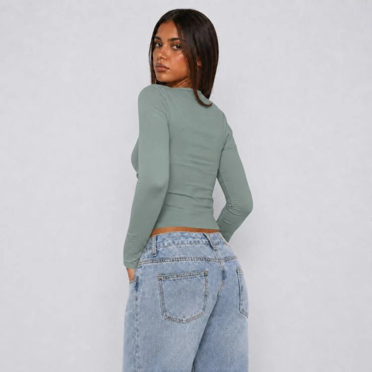 Long Sleeve Sexy Y2K Form-Fitting Slim Knitted T-shirt Top, Size:XL(Grey Green) - Image 3