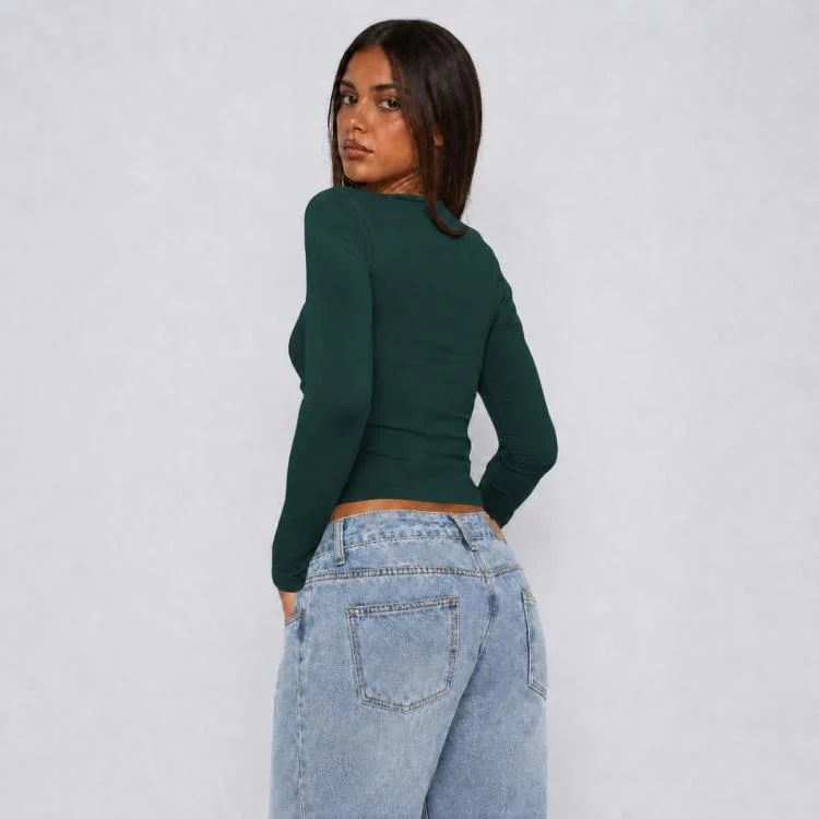 Long Sleeve Sexy Y2K Form-Fitting Slim Knitted T-shirt Top, Size:XS(Dark Green) - Image 3