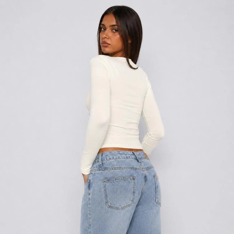 Long Sleeve Sexy Y2K Form-Fitting Slim Knitted T-shirt Top, Size:XXL(Creamy Apricot) - Image 3