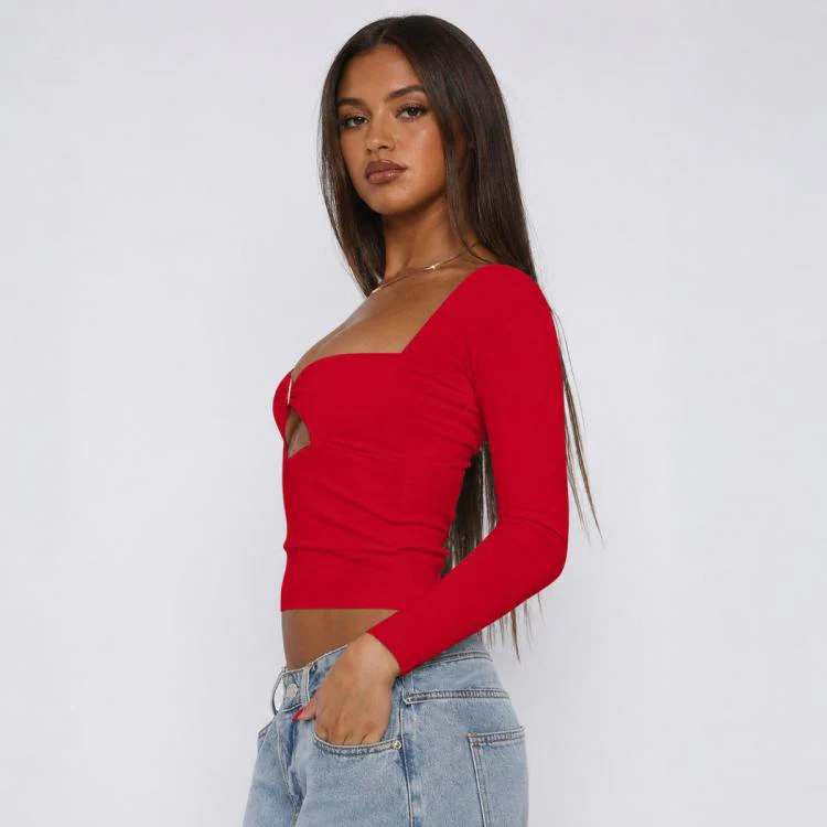 Long Sleeve Sexy Y2K Form-Fitting Slim Knitted T-shirt Top, Size:XXL(Red) - Image 2