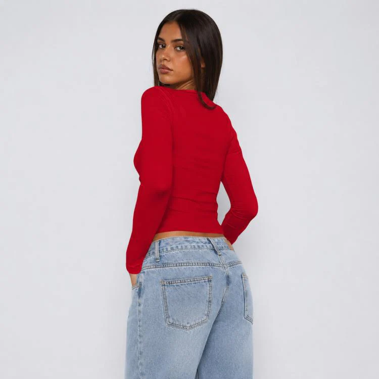 Long Sleeve Sexy Y2K Form-Fitting Slim Knitted T-shirt Top, Size:XXL(Red) - Image 3