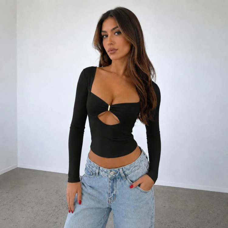 Long Sleeve Sexy Y2K Form-Fitting Slim Knitted T-shirt Top, Size:XXS(Black)