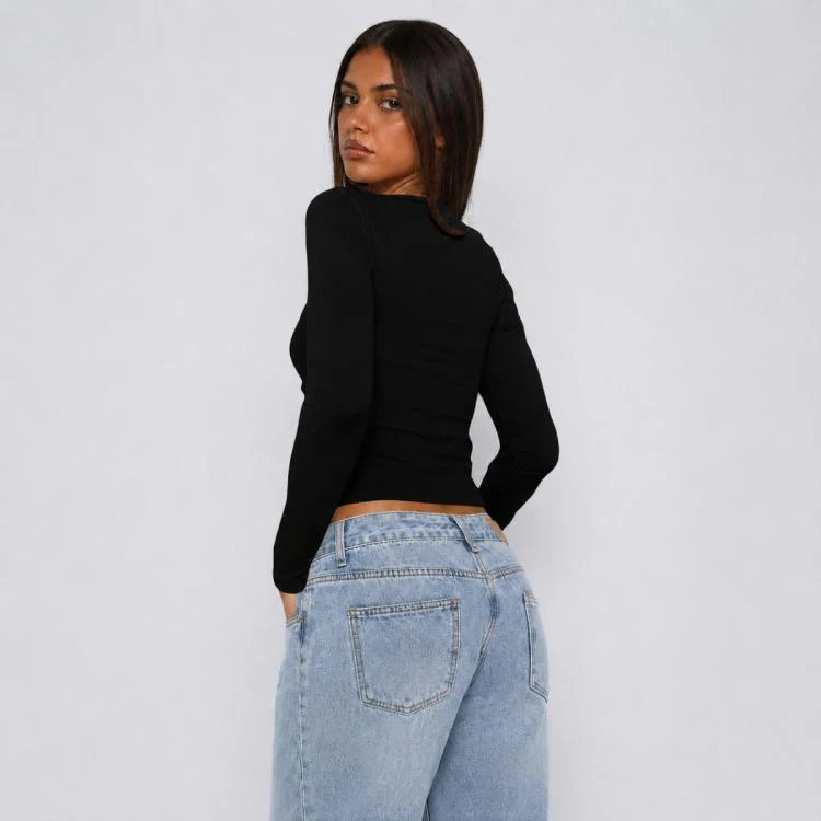 Long Sleeve Sexy Y2K Form-Fitting Slim Knitted T-shirt Top, Size:XXS(Black) - Image 3