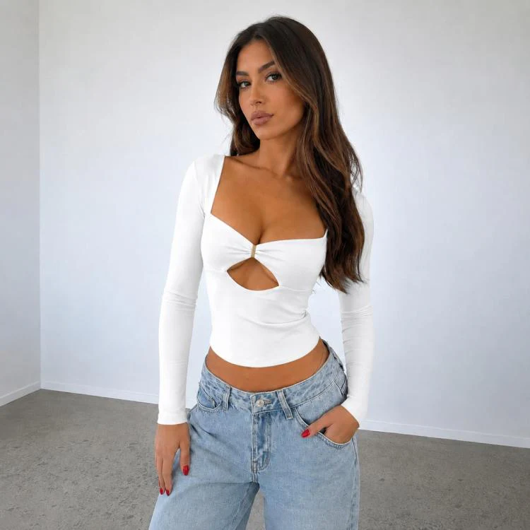 Long Sleeve Sexy Y2K Form-Fitting Slim Knitted T-shirt Top, Size:XXS(White)