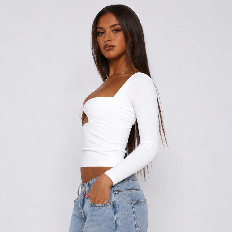 Long Sleeve Sexy Y2K Form-Fitting Slim Knitted T-shirt Top, Size:XXS(White) - Image 2
