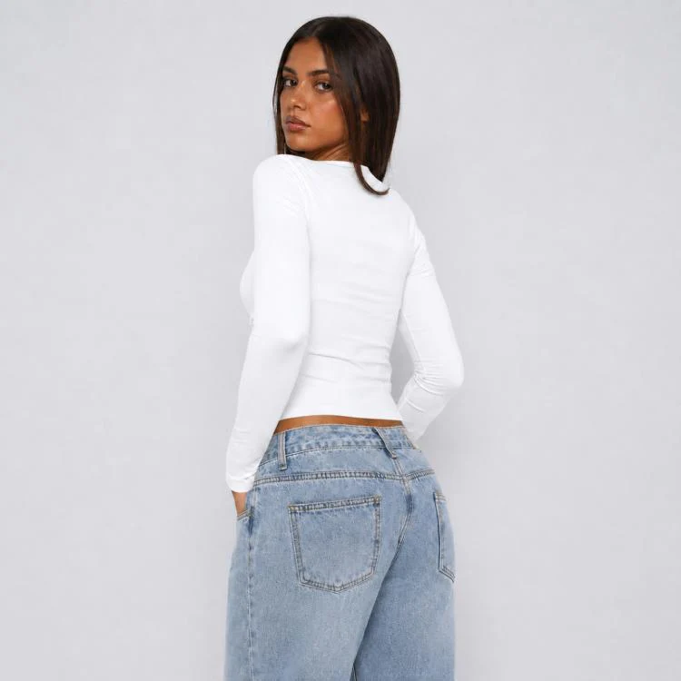 Long Sleeve Sexy Y2K Form-Fitting Slim Knitted T-shirt Top, Size:XXS(White) - Image 3