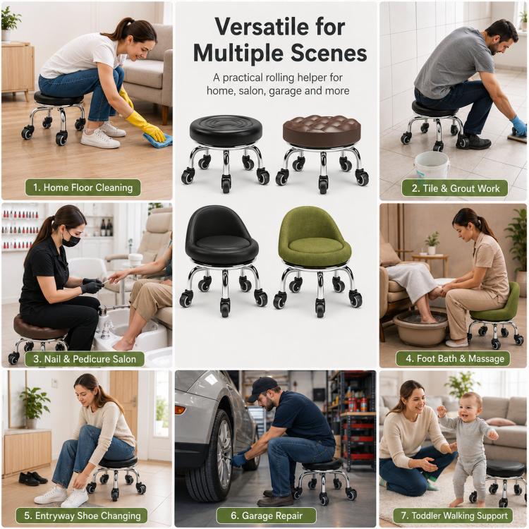 Low Rolling Stool with Wheels Small Swivel Roller Stool 19cm Backrest Bearing Wheels Green - Image 8
