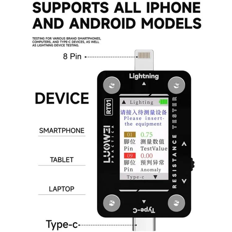 LUOWEI RT01 Type-C To 8 Pin Detachable Cell Phone Rear Plug Auto Tester - Image 2
