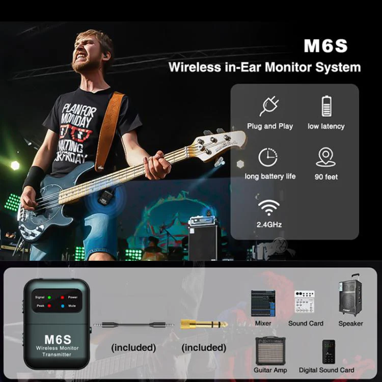 M6S Stereo Wireless In-Ear Monitor System 2.4G Transmitter & Receiver(Black) - Image 2