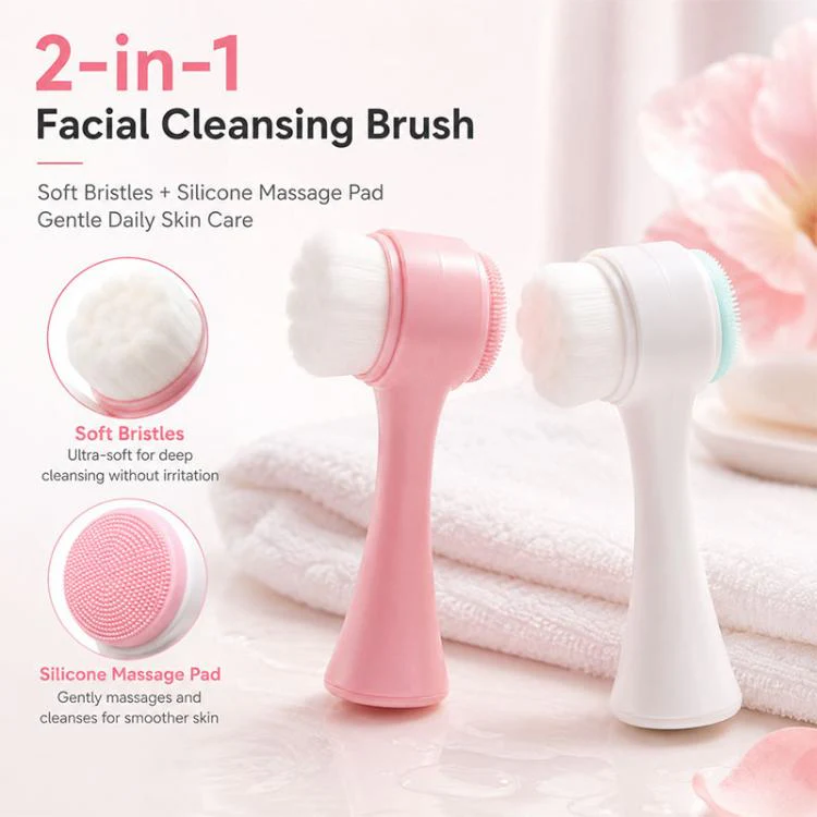 Manual Double-Sided Silicone Facial Cleansing Brush, Soft Face Scrubber and Massage Tool(Blue White) - Image 2