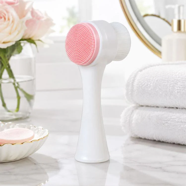 Manual Double-Sided Silicone Facial Cleansing Brush, Soft Face Scrubber and Massage Tool(Pink White)