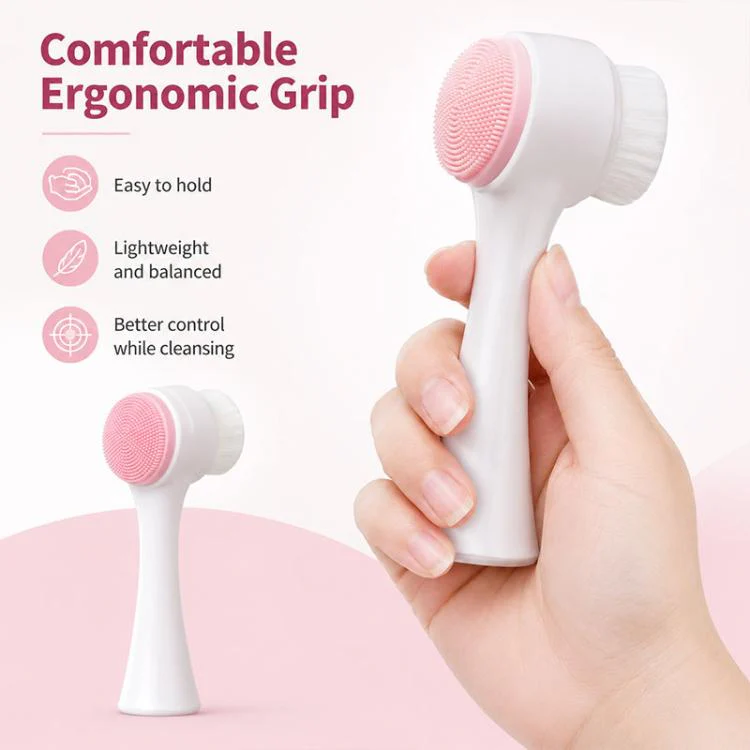 Manual Double-Sided Silicone Facial Cleansing Brush, Soft Face Scrubber and Massage Tool(Pink White) - Image 6