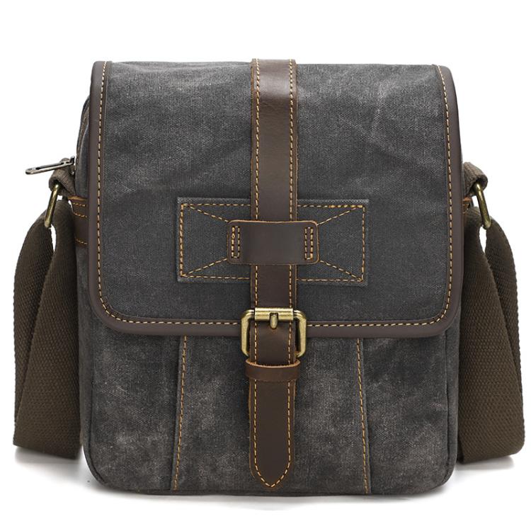 Men Waxed Canvas Crossbody Bag Vintage Crazy Horse Leather Messenger Bag for Daily Commute(Deep Gray)