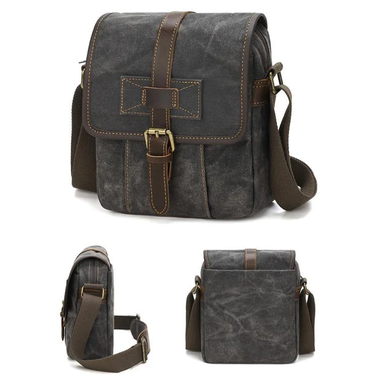 Men Waxed Canvas Crossbody Bag Vintage Crazy Horse Leather Messenger Bag for Daily Commute(Deep Gray) - Image 2