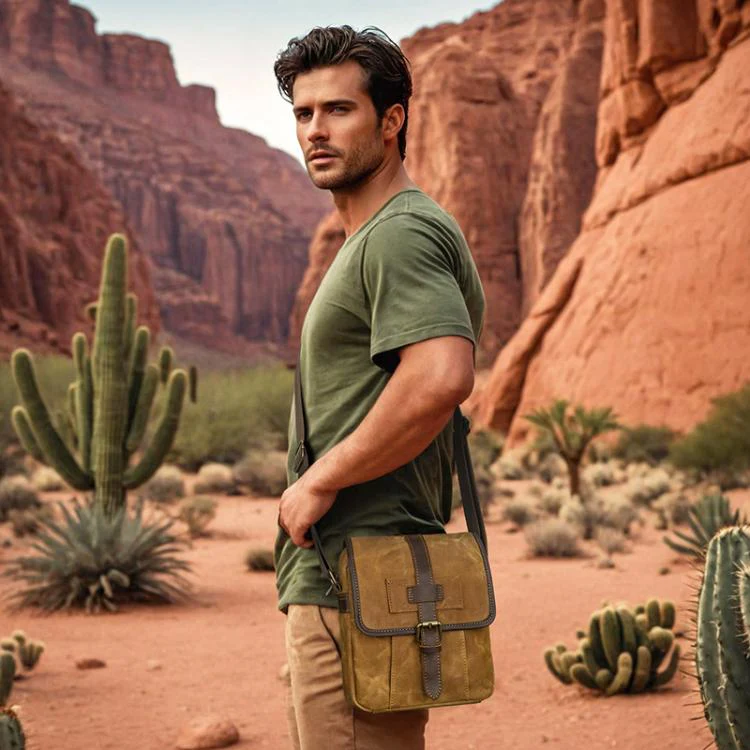 Men Waxed Canvas Crossbody Bag Vintage Crazy Horse Leather Messenger Bag for Daily Commute(Deep Gray) - Image 8