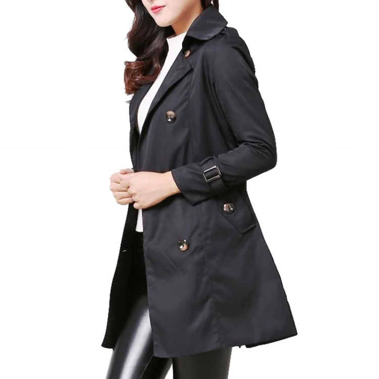 Mid-length Slim Casual Lace-up Trench Windbeaker (Color:Black Size:XXL)