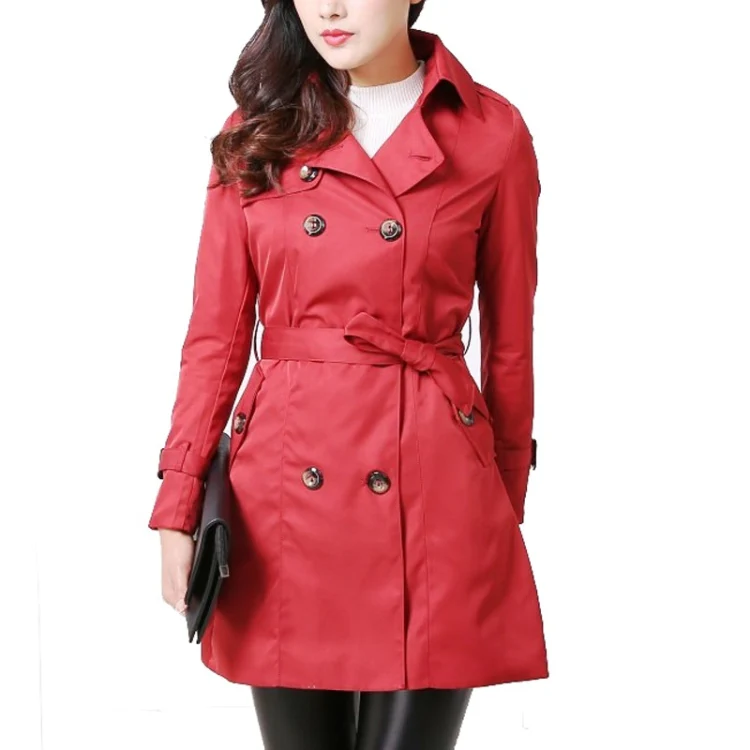 Mid-length Slim Casual Lace-up Trench Windbeaker (Color:Red Size:L)