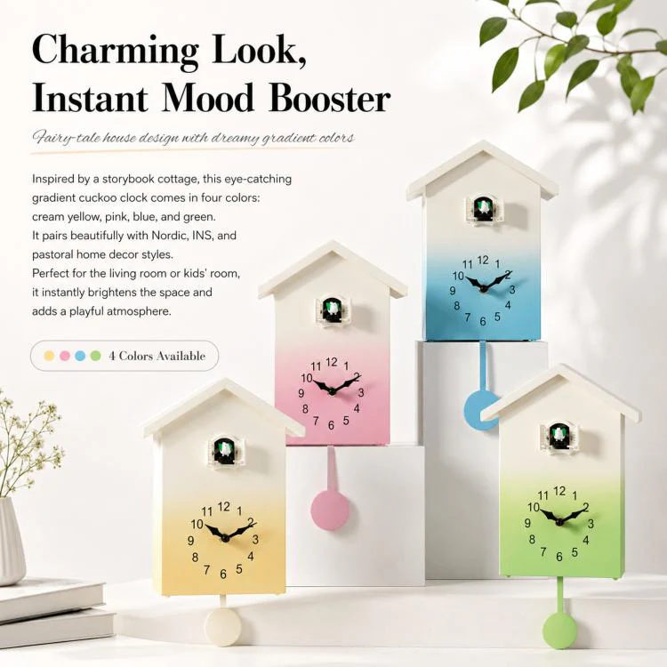 Modern Cuckoo Clock Kids House Shaped Wall Clock with Bird Chime Quiet Non-Ticking Decorative Wall Clock for Living Room Bedroom(T62 Green) - Image 2