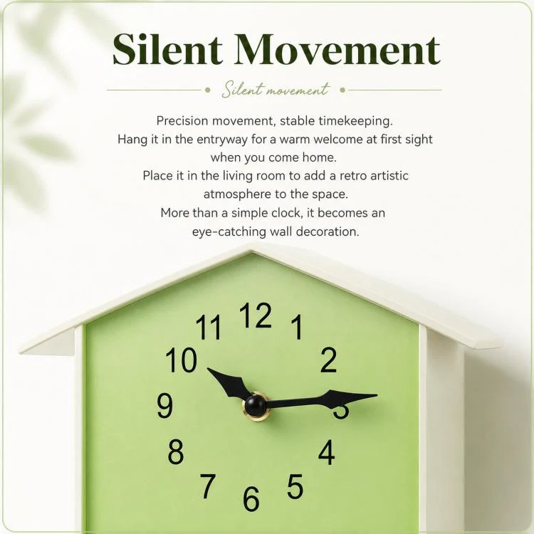 Modern Cuckoo Clock Kids House Shaped Wall Clock with Bird Chime Quiet Non-Ticking Decorative Wall Clock for Living Room Bedroom(T62 Green) - Image 5