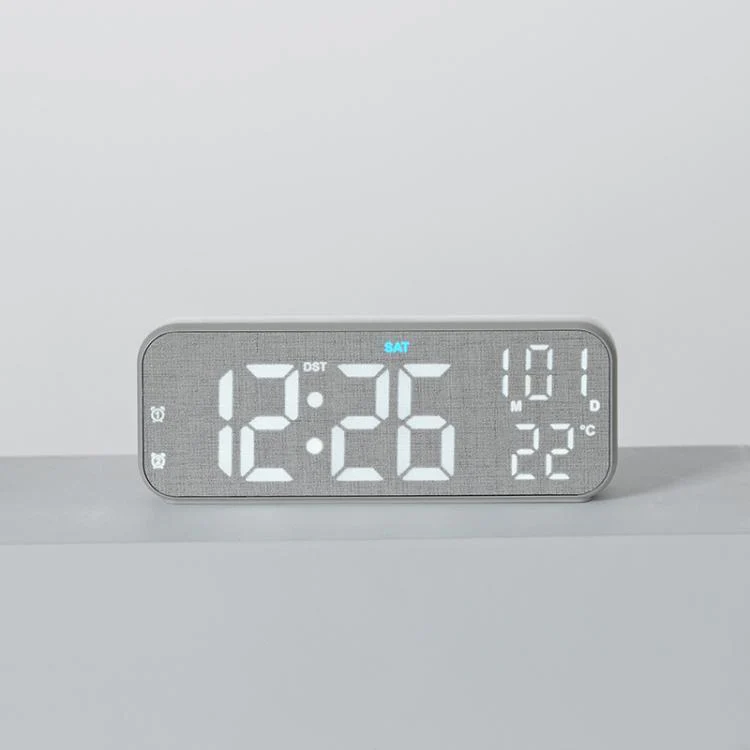 Modern LED Digital Desk Clock with Temperature Date, Silent Alarm Clock with Dual Alarm 5801 Grey Fabric