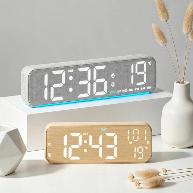 Modern LED Digital Desk Clock with Temperature Date, Silent Alarm Clock with Dual Alarm 5801 Yellow Wood Grain - Image 2