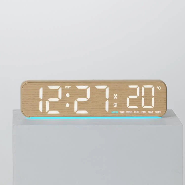 Modern LED Digital Desk Clock with Temperature Date, Silent Alarm Clock with Dual Alarm 5802 Yellow Wood Grain