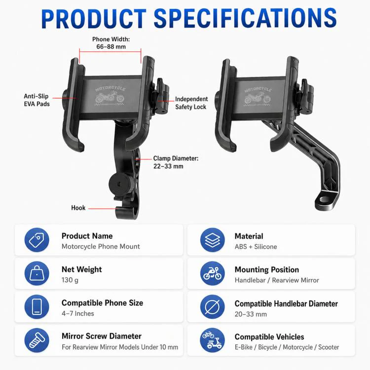 Motorcycle Phone Mount 360-degree Rotation Anti-Vibration Bike Holder for Rearview Mirror Black - Image 11