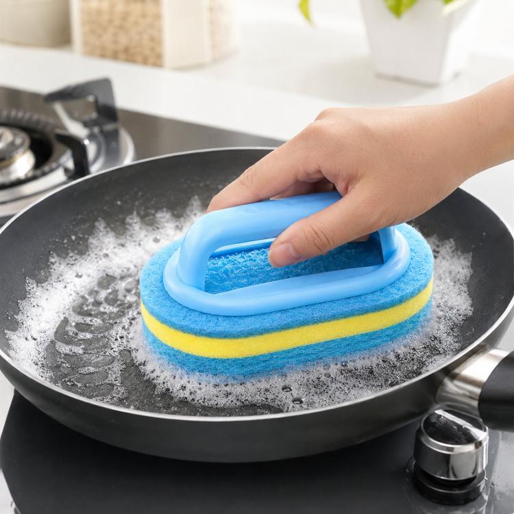 Multi-Purpose Scrub Sponge Brush With Handle Non-Scratch 3-Layer Thickened Polyester Fiber Scouring Pad For Pots, Pans, Stove(Blue)